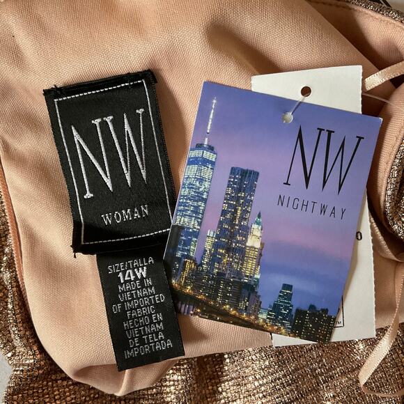 Metallic Sleeveless Evening Gown Rose Gold Size 14W Nightway Thigh Slit Dress - Picture 9 of 12